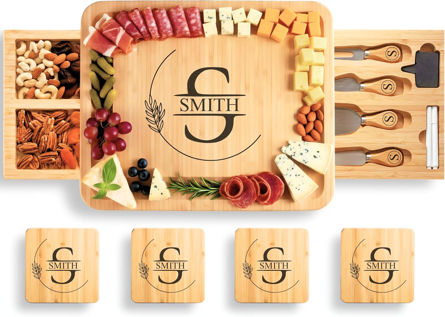 Personalized Bamboo Charcuterie Board Set with Knives & Hidden Drawers - Custom Engraved Gift for Weddings, Anniversaries, Housewarming