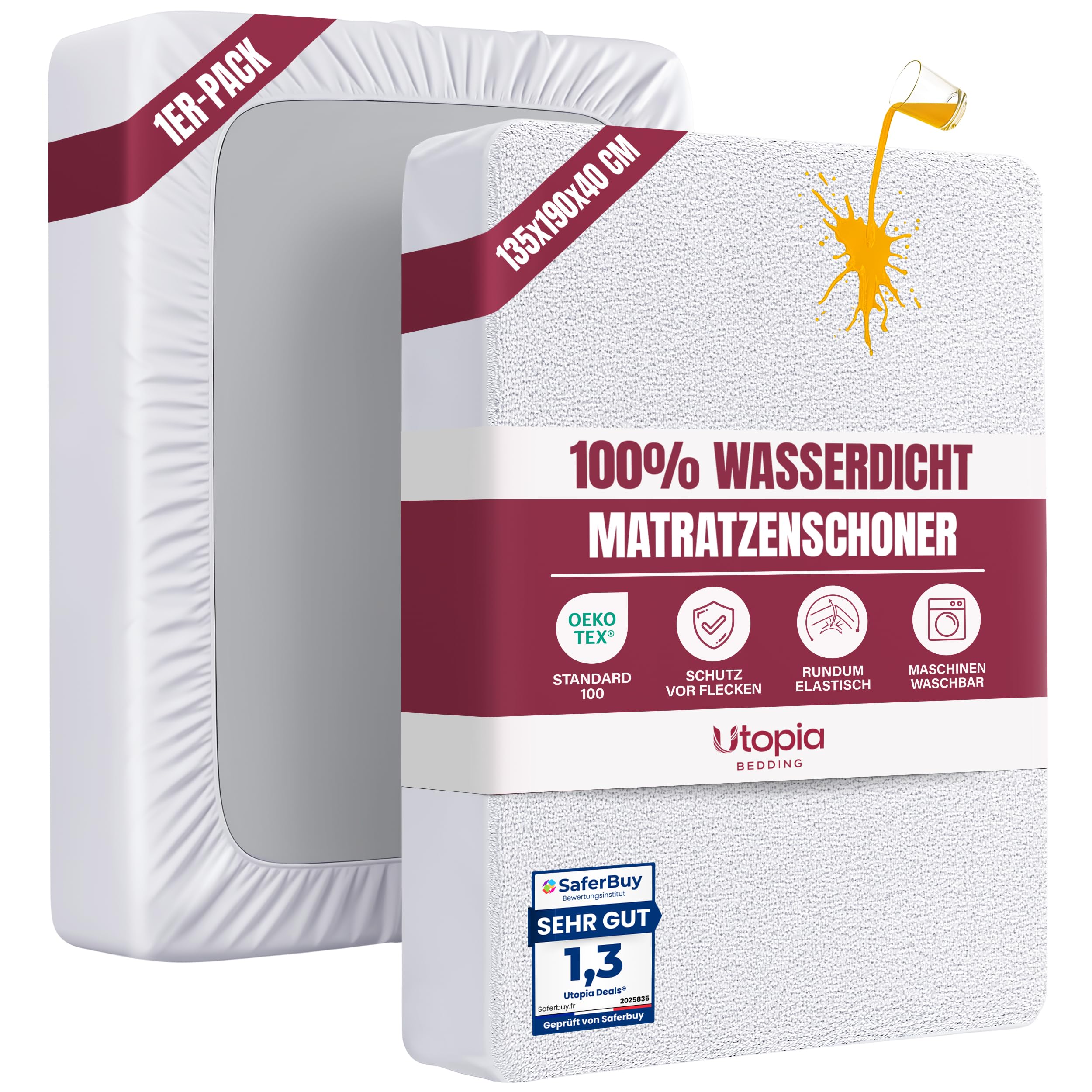Utopia Bedding Matratzenschoner 135 x 190 x 40 cm Wasserdicht, Oeko-TEX Zertifiziert Matratzenauflage Atmungsaktive, Matratzenschutz, Rundum Elastisch Weiß
