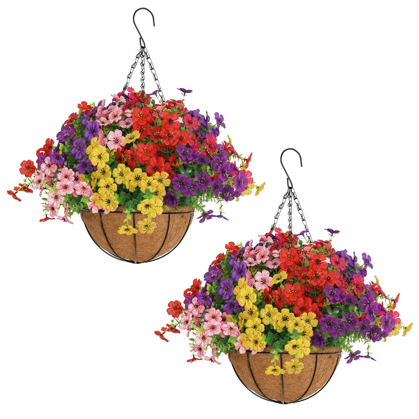 Two Senjie artificial hanging flower baskets with colorful flowers, hanging from a porch ceiling overlooking a pool and green landscape.