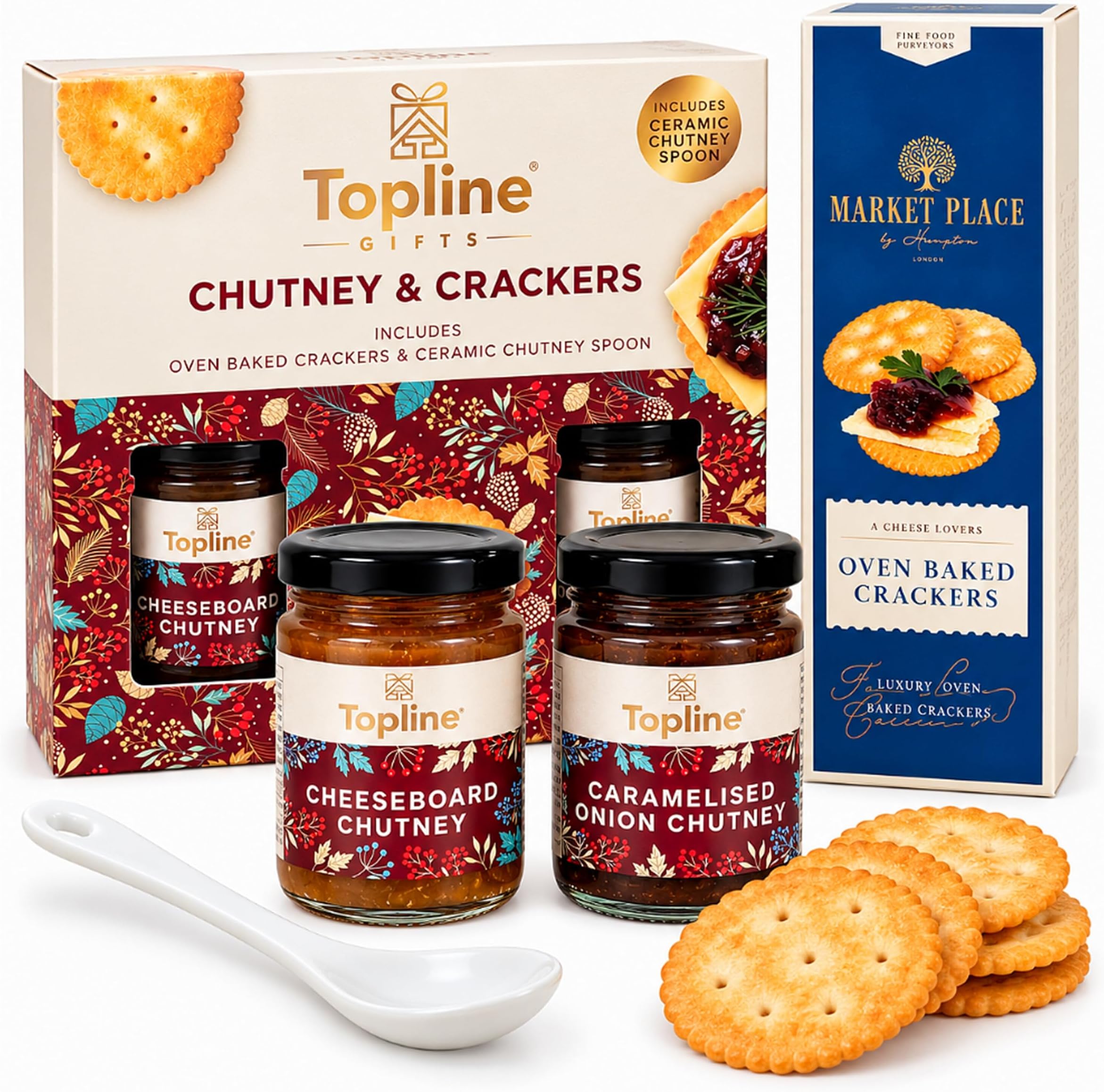 Chutney & Crackers Gift Set for Cheeseboard - Mixed Vegetable & Caramelised Onion Chutney with Oven Baked Crackers & Ceramic Chutney Spoon โ Gift for Christmas, Cheese Gifts, Hampers