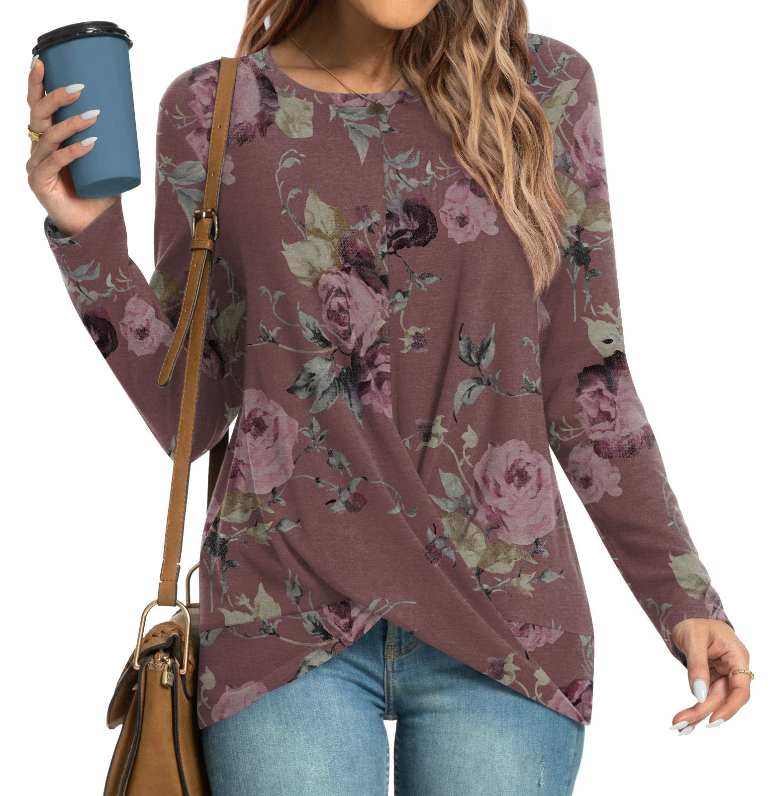 Women's Winter Fall Tunic Tops Long Sleeve Casual T-Shirts Front Twist  Crewneck Blouse For Leggings