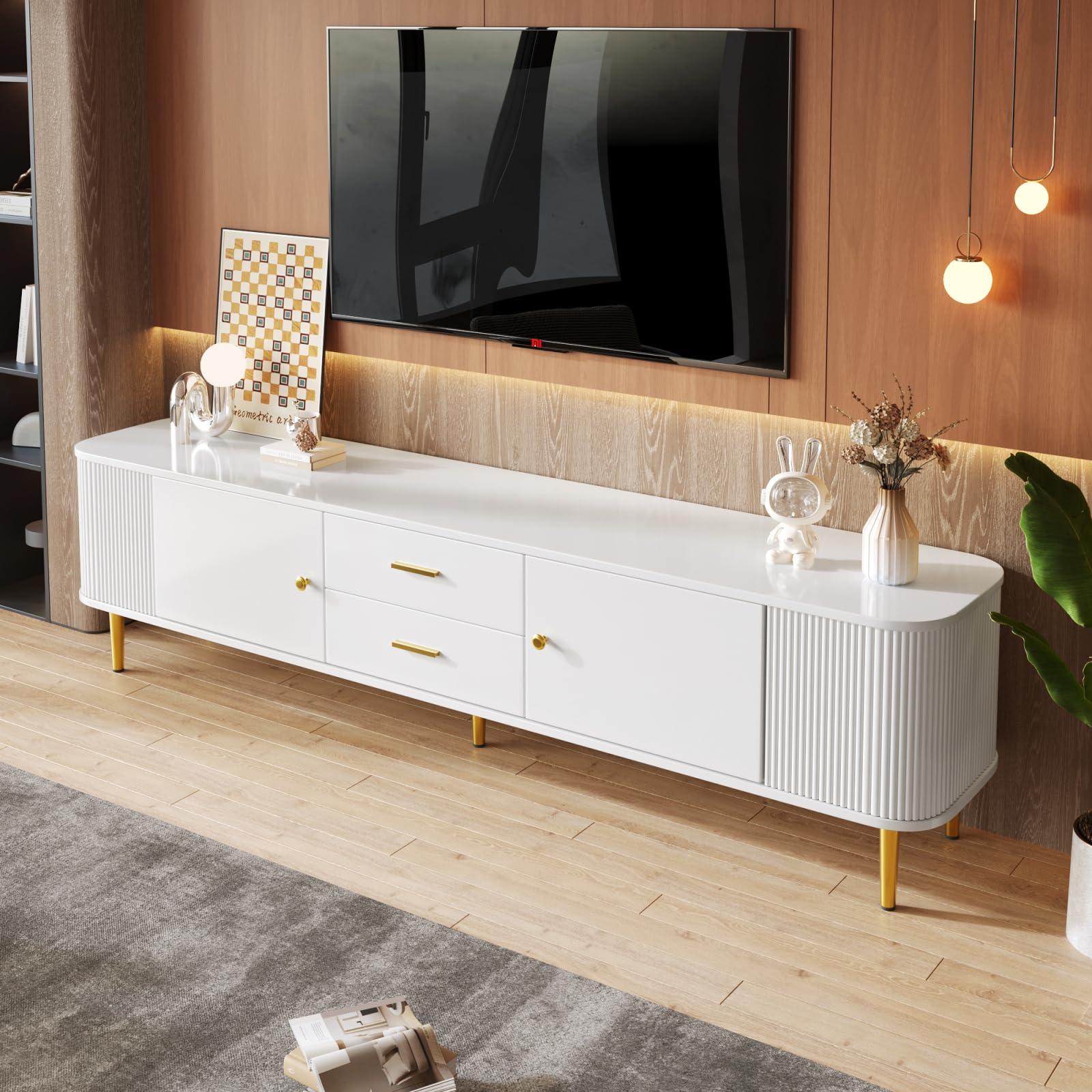 Szafka TV z szufladami, szafka pod telewizor z drzwiami i złotymi uchwytami, nowoczesny stolik pod telewizor do 75 cali, stół do salonu i jadalni, biała, 170 x 34 x 45 cm