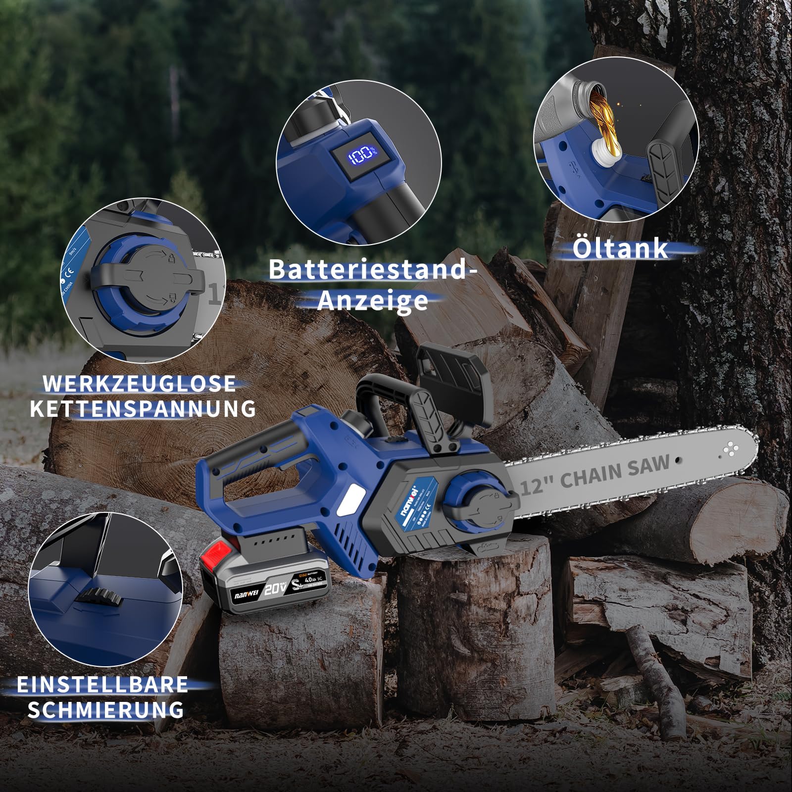 NANWEI Akku Kettensäge 12 Zoll mit 2x 4.0Ah Akku, kabellose Elektrosäge, ausgestattet mit einer Bremsklappe, bürstenlosem Motor (Mit 2 Batterie)