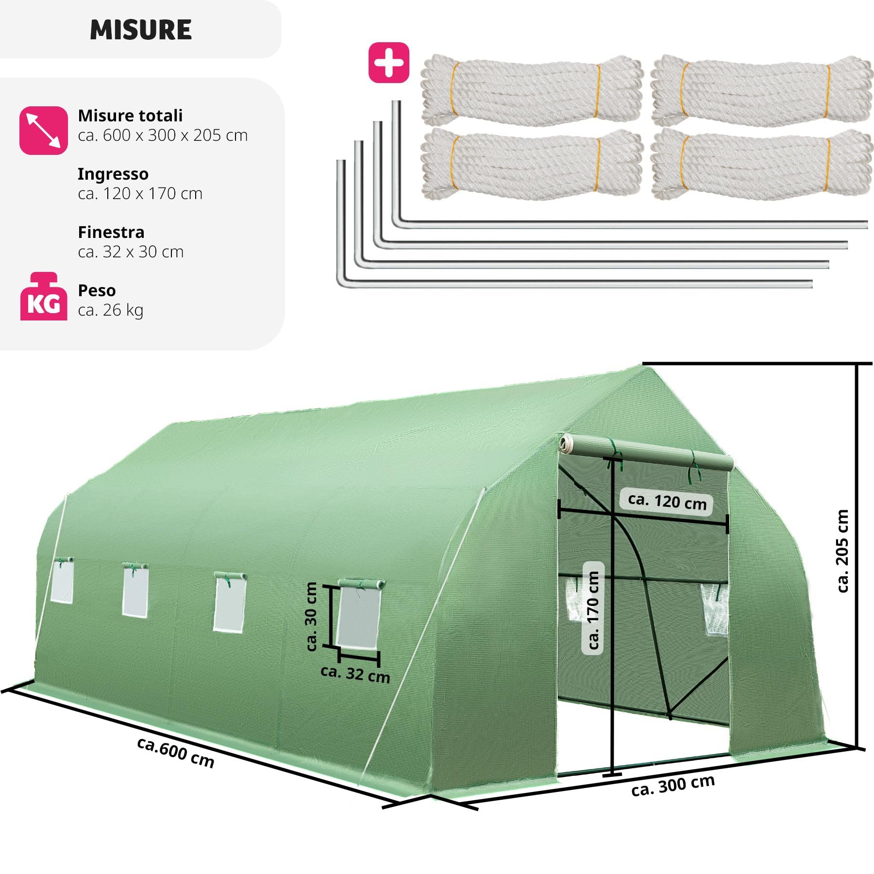 tectake® Serra da Giardino in Acciaio e PVC, 600x300x205cm, 18 m² di Superficie Utile, 8 Finestre Laterali con Zanzariera, Serra Ideale per Verdure, Erbe, Frutta, Fiori, Resistente al Freddo e al Gelo