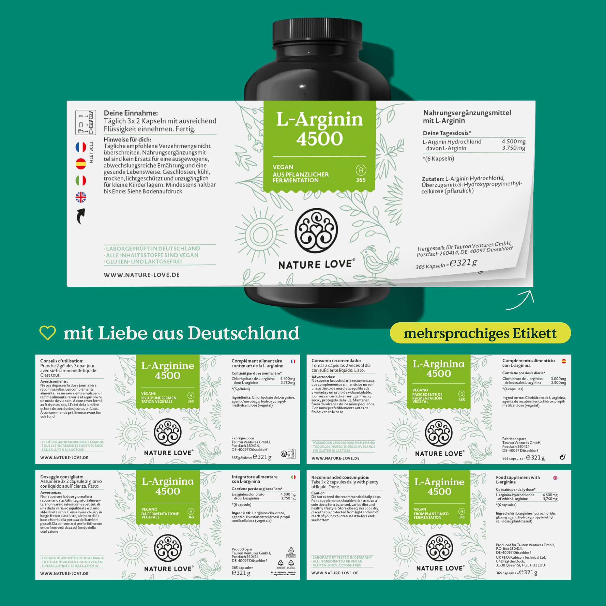 NATURE LOVE® L-Arginin - 365 Kapseln - Hochdosiert: 4500mg HCL (davon 3.750 mg Arginin) je Tagesdosis - In Deutschland produziert, vegan, laborgeprüft
