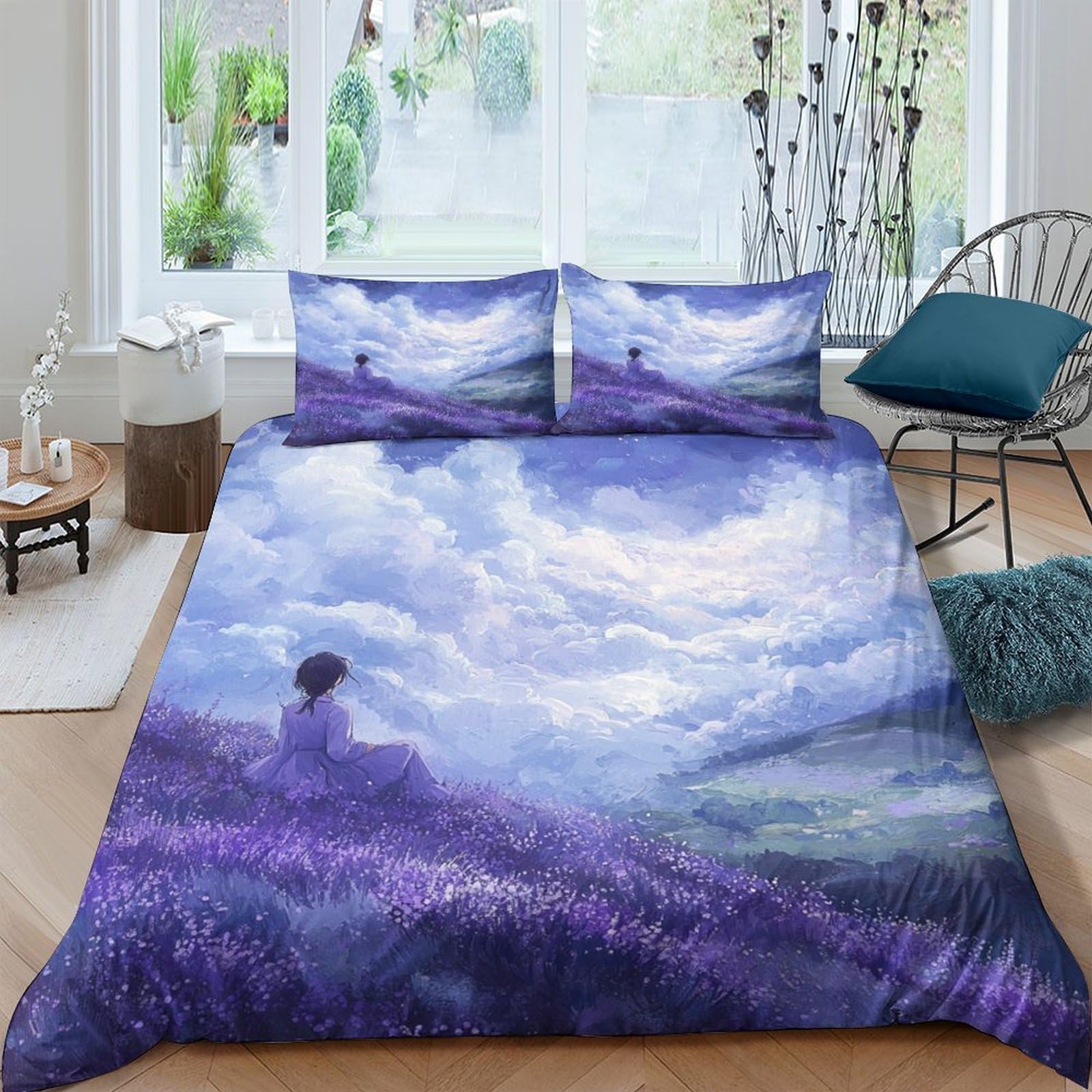 Ctjqhvkz Style-2 3D Printed Lavender Field Fitted Sheet Microfiber Soft Purple Sky Mattress Cover Bedroom Decor Machine Washable Single（135X200cm）
