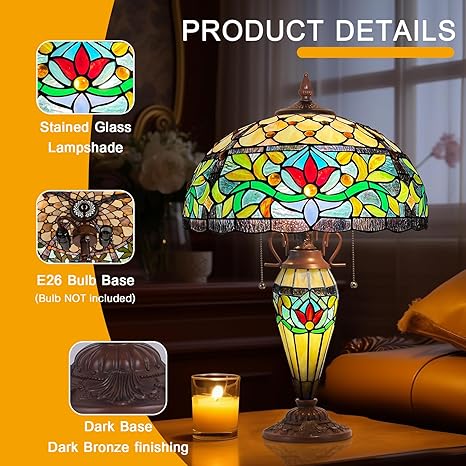 Capulina Capulina Tiffany Lamp Stained Glass Table Lamp 3-Light 16x16x24 Inches Mother-Daughter Vase Antique Rome Victorian Tiffany Style Desk Lamp for Bedrooms Living Room Study Home Office photo 3