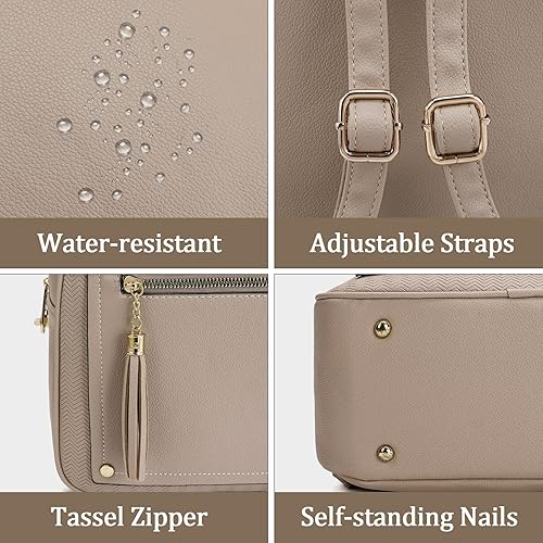 Miniatura 5 de Mini mochila antirrobo para mujer, bonita mochila escolar para adolescentes y niñas con cremallera segura y borla, Caqui, Mochilas de viaje