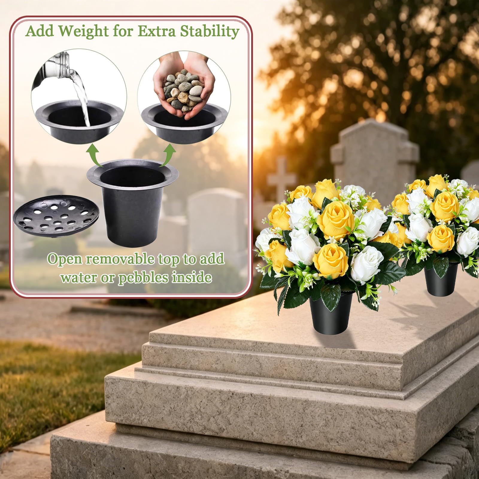 2 fiori artificiali per tombe, 18 rose gialle bianche e gialle, vasi da fiori finti per cimitero, ornamenti per cimitero in seta, decorazioni per esterni, funerali, commemorazioni funebri per