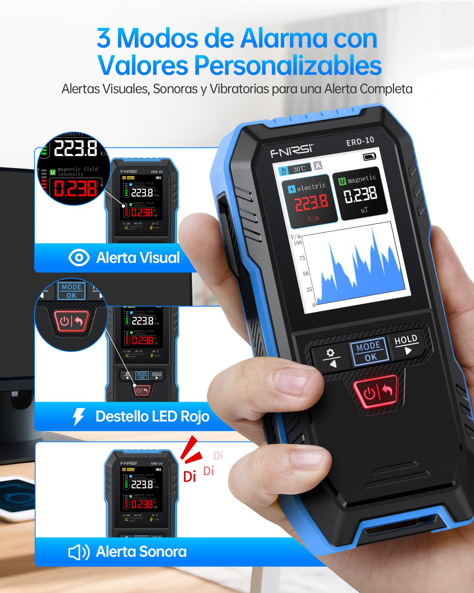 FNIRSI Medidor EMF ERD-10, Detector de Radiación EMF 4 en 1 con Modo de Curva, Lector EMF Recargable, Detector de Radiofrecuencia de Campo Electromagnético Para el Hogar, para Hogar, Oficina, Exterior