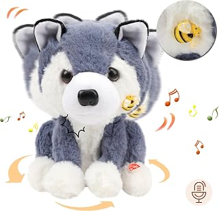 Talking Puppy Repeats What You Say Dog Stuffed Animal Singing Barking Twirling Electric Interactive Husky Dog Plush Toy Christmas Birthday Gift for Kids Toddlers,8’’