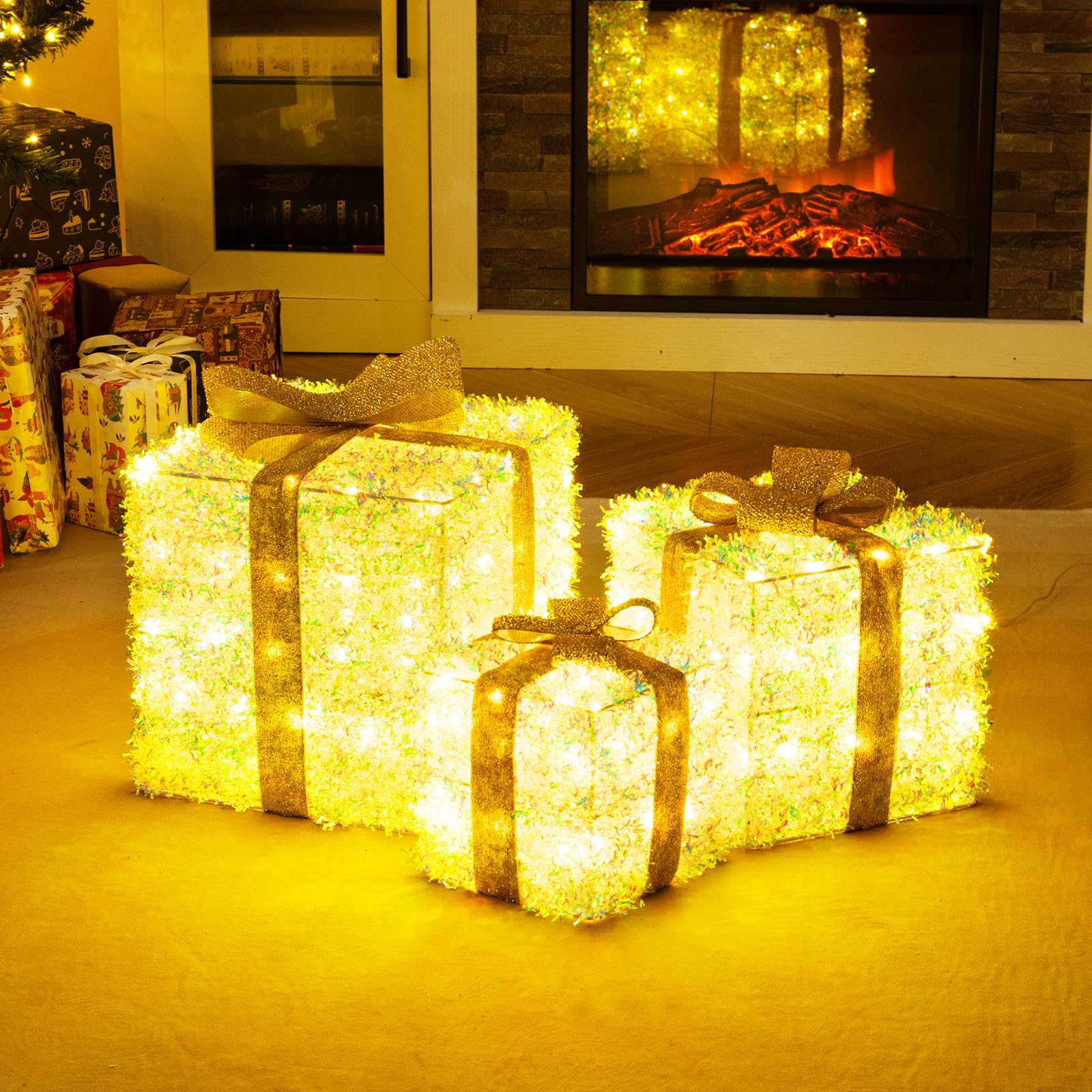COSTWAY LED Geschenkbox 3er Set, beleuchtete Weihnachtsdeko mit 200 warmweißen LED-Lichtern, Weihnachtenbox mit goldenem Schleifen, Weihnachten Dekoboxen, Weihnachtsbeleuchtung für außen & innen