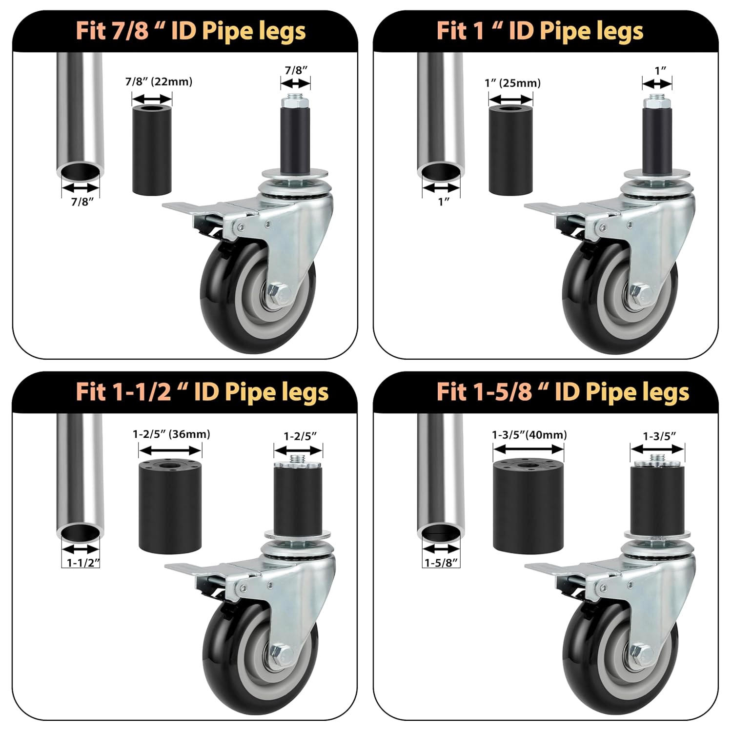 Finnhomy 4 Inch Prep Table Cater Wheels Set of 4 Heavy Duty Expanding Stem Casters Fit 7/8", 1", 1-1/2" and 1-5/8" Tube Leg with Brake for Stainless Steel Furniture Legs, Worktable, Kitchen Workbench