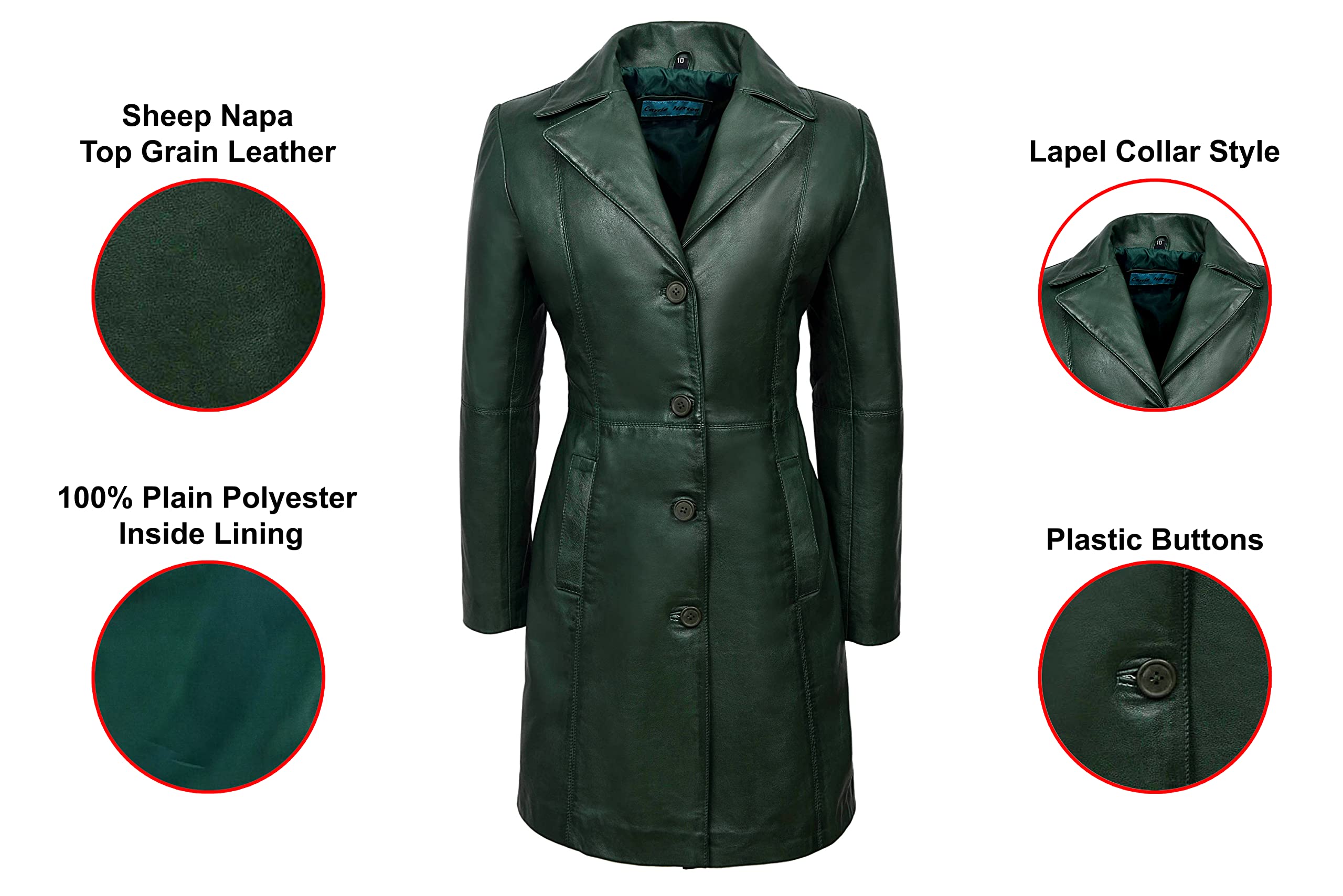 Trench Ladies Green Classic Knee-Length Designer Real Leather Jacket Coat 3457