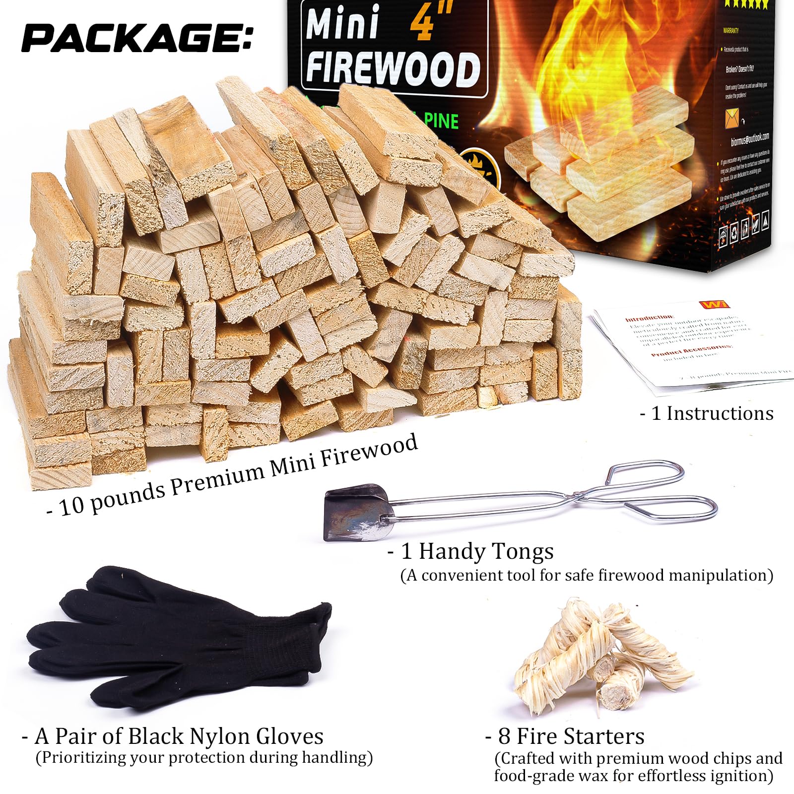 Mini-Feuerstab mit Feuerstarter und Zange, 10,2 cm, ofengetrocknetes Kiefernholz, tolles Brennholz für Holzöfen, Tisch-Feuerstelle, BBQ-Grill, Pizzaofen, Solo-Herd-Zubehör, Grillzubehör, 4,5 kg