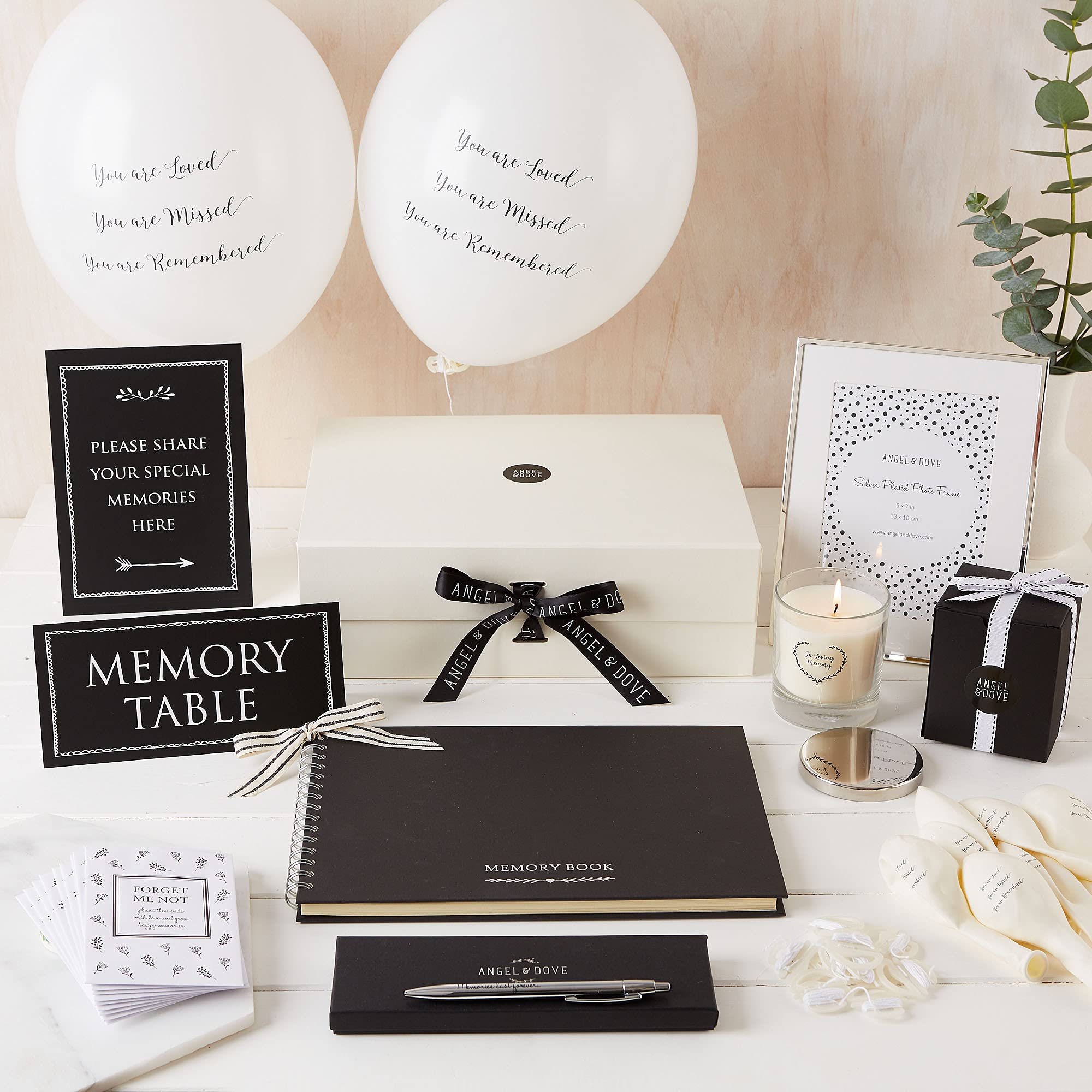 Angel & Dove Ivory Funeral Memory Table Collection For 50 Guests - Includes 50 Forget Me Not Seed Packet Favours