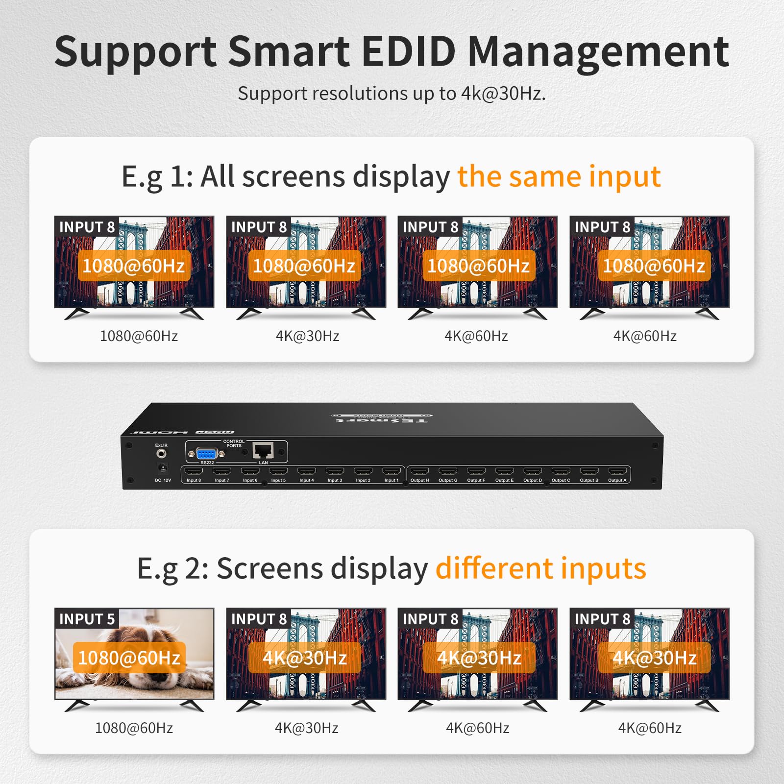 TESmart 8x8 HDMI Matrix Switch 4K@30Hz| Commutateur matriciel HDMI HDCP 1.4 Supporte la télécommande IR, Contrôle LAN/RS-232/IR avec 2 Rack Mount Ears-pour Centre de Contrôle & Salles de Réunion