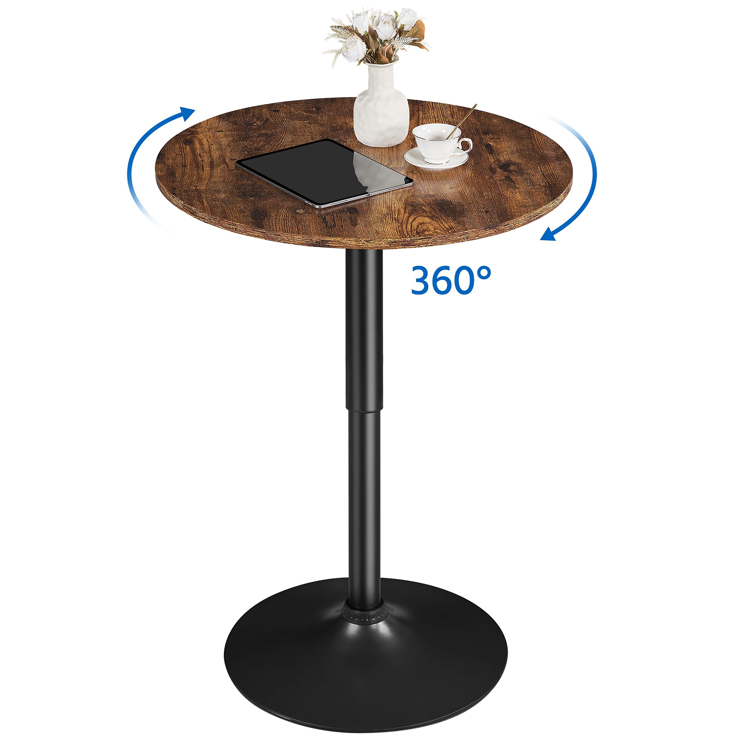 Yaheetech Table de Bar Ronde Haute Cuisine Mange-Debout avec Plateau en Bois MDF Réglable en Hauteur Pivotante à 360° pour Bistro Salon Salle à Manger Terrasse Café Brun Rustique