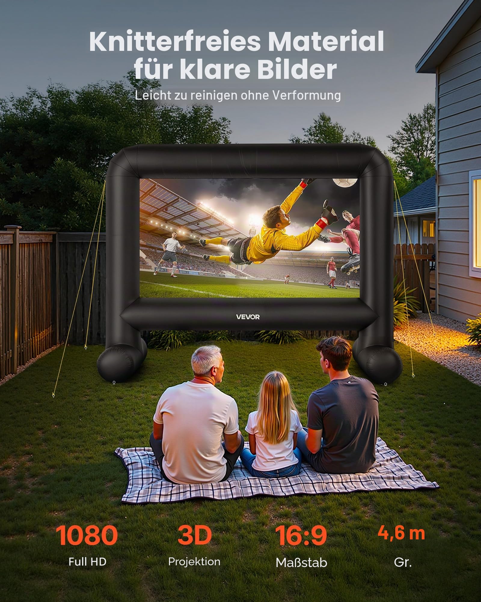 VEVOR aufblasbare Filmleinwand Projektion Beamer Leinwand aus 600D, Projektionsleinwand mit tragbarer Aufbewahrungstasche, 16:9, Filmprojektion für Heimkino Mottoparty Poolspaß (354 x 130 x 290 cm)