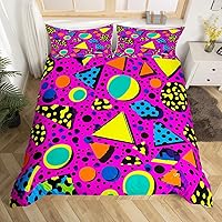 Vista 15 de Juego de funda de edredón estilo Memphis, tamaño matrimonial, diseño abstracto colorido con puntos funky para niños y niñas, funda de edredón