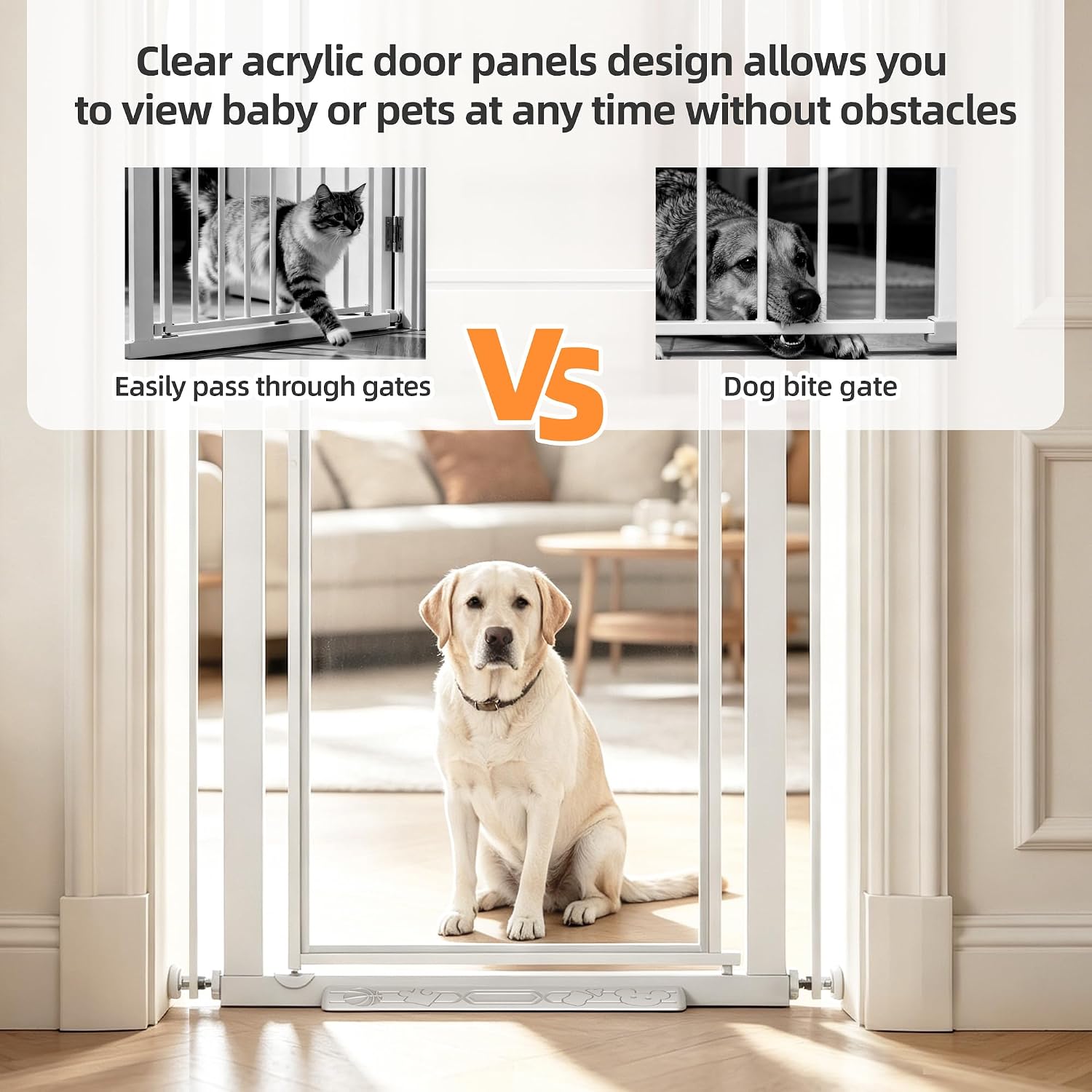 56 Extra Tall Pet Gate for Cats, 29.5-33.5 Wide Pressure Mount Clear Acrylic Tall Dog Gate Safety Barrier, No Drilling Gate Indoor for Doorways Hallway, White