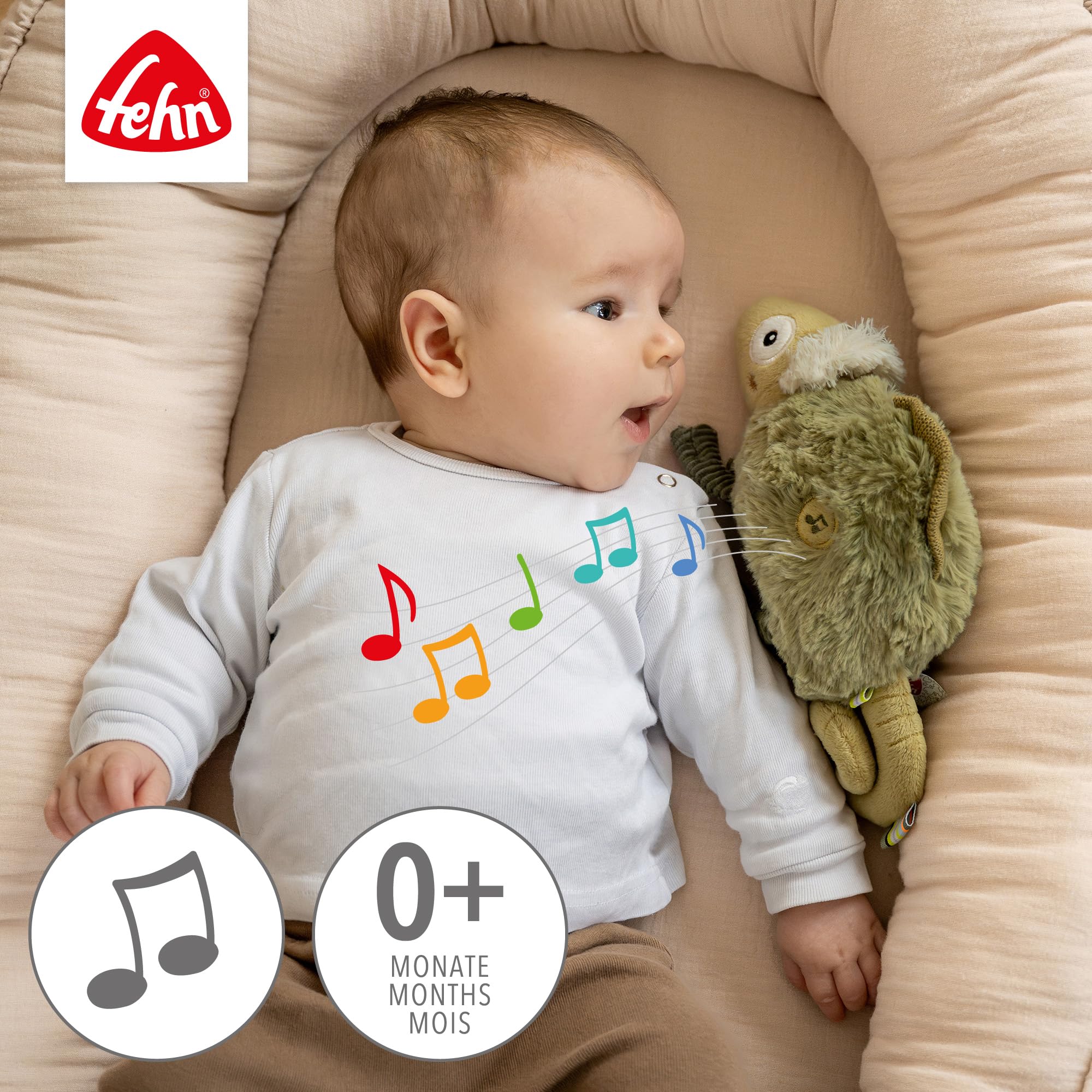 Fehn Einschlafhilfe Chamäleon – Baby Einschlafhilfe mit Soundmodul: Chamäleon Kuscheltier mit entnehmbaren elektronischem Soundmodul mit Cry-Sensor, Spieluhr für Babys und Kleinkinder ab 0+ Monaten