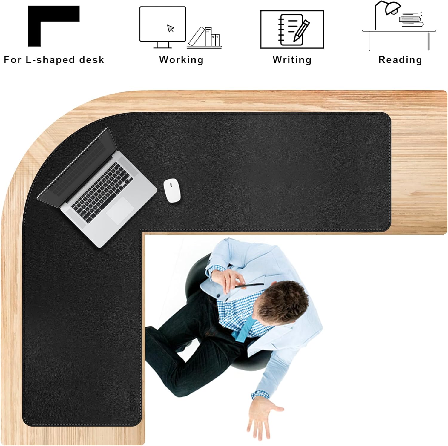 Large L-Shaped Leather Desk Pad - Home Office Accessories Corner Desk Mat (Black, (55" +63") x 19.6")
