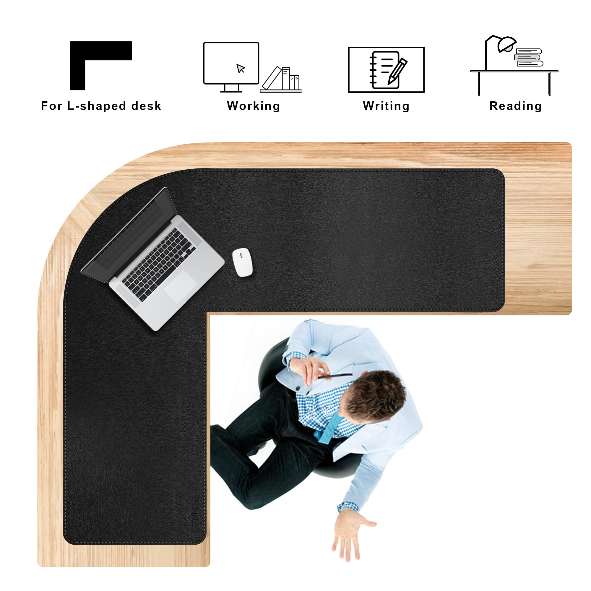 CENNBIE Sottomano doppio a forma di L, in pelle, (157 + 200) x 60 cm, colore nero