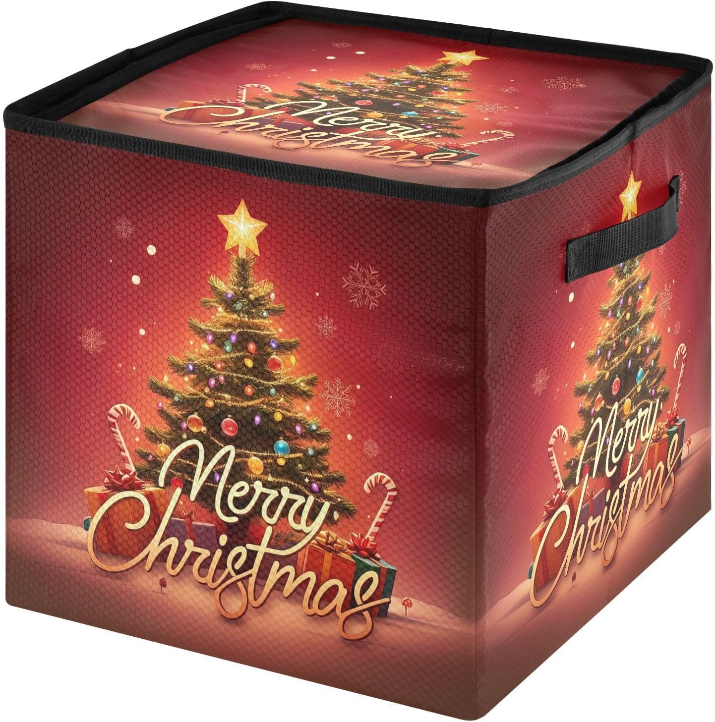 Christmas Sublimation Ornament Storage Box - Holds up to 64 Holiday Ornaments with Adjustable Dividers - 13 Inch Fabric Organizer Cube with Lid and Handles for Christmas