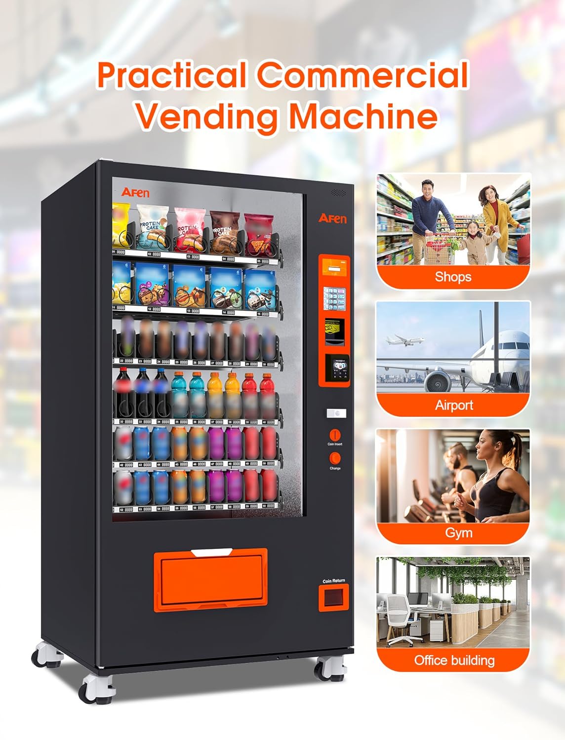 Afen Commercial Vending Machine with Card Reader, 60 Slot Refrigerated Snack & Drink Combo Vending Machine for Business Factory Supplier, Cashless Only