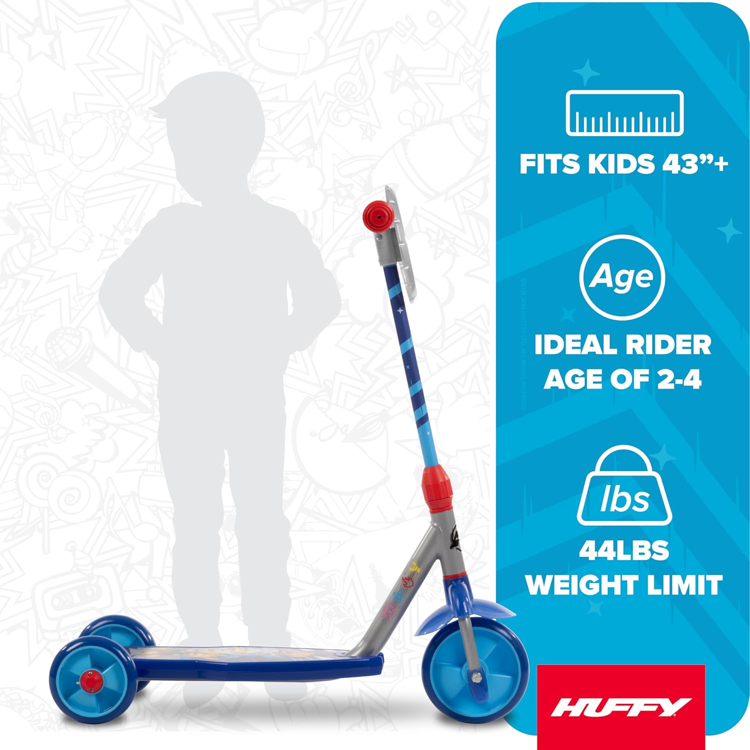 Huffy Toddler 3-Wheel Scooter for Kids, Multiple Colors & Licensed Character Graphics, Ages 3+, Durable Steel Frame, Wide Non-Slip Deck, Stable Lean-to-Steer Design, Light-Up Options, Girls/Boys