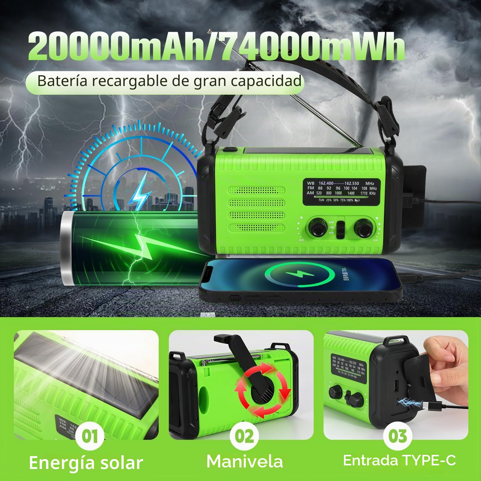Radio de manivela de Emergencia 20000 mAh/74000 mWh, Radio meteorológica portátil NOAA/Am/FM, Solar y de manivela, alimentada por Pilas para emergencias