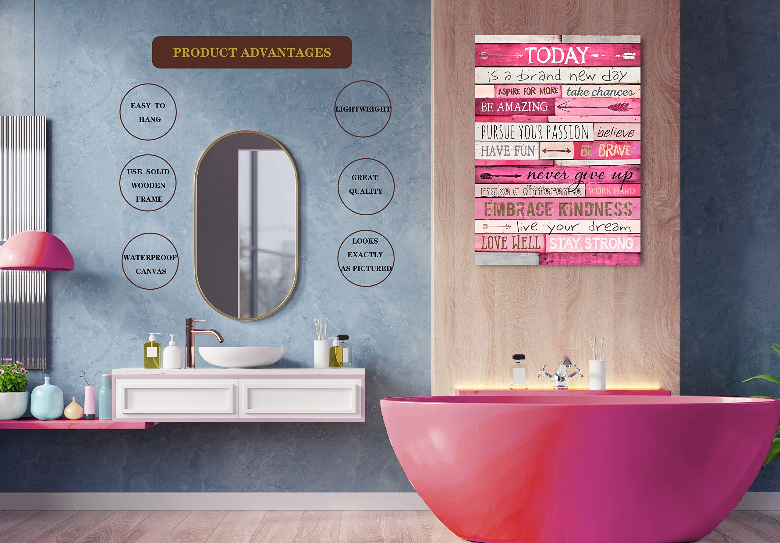 Quadro Su Tela Motivazionale Rosa - Decorazione Parete Con Scritta Ispiratrice - 76x64 Cm - Pronto Da Appendere Per Camera Da Letto E Ufficio