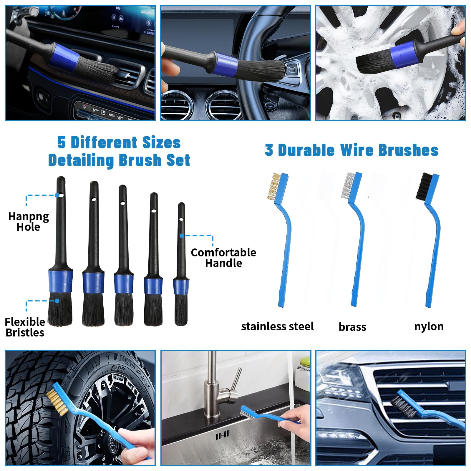 Kit di pulizia per auto, 36 pezzi, kit di pulizia per auto con set di pennelli professionali per dettagli auto, set di pennelli per dettagli auto, kit di lavaggio auto, kit di pulizia per interni ed