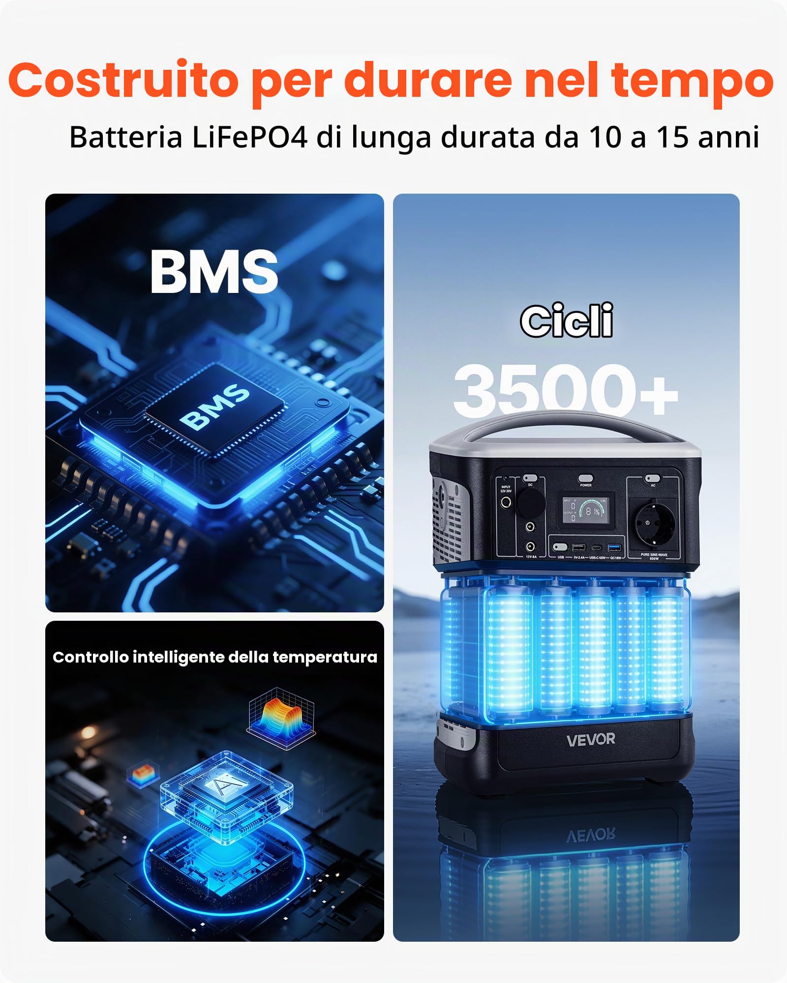 VEVOR Centrale Elettrica Portatile con Pannello Solare da 100 W, Kit di Generatore Solare 600 W Batteria Backup LiFePO4 493 Wh con 7 Porte di Uscita Pannello per Campeggio Viaggio Camper