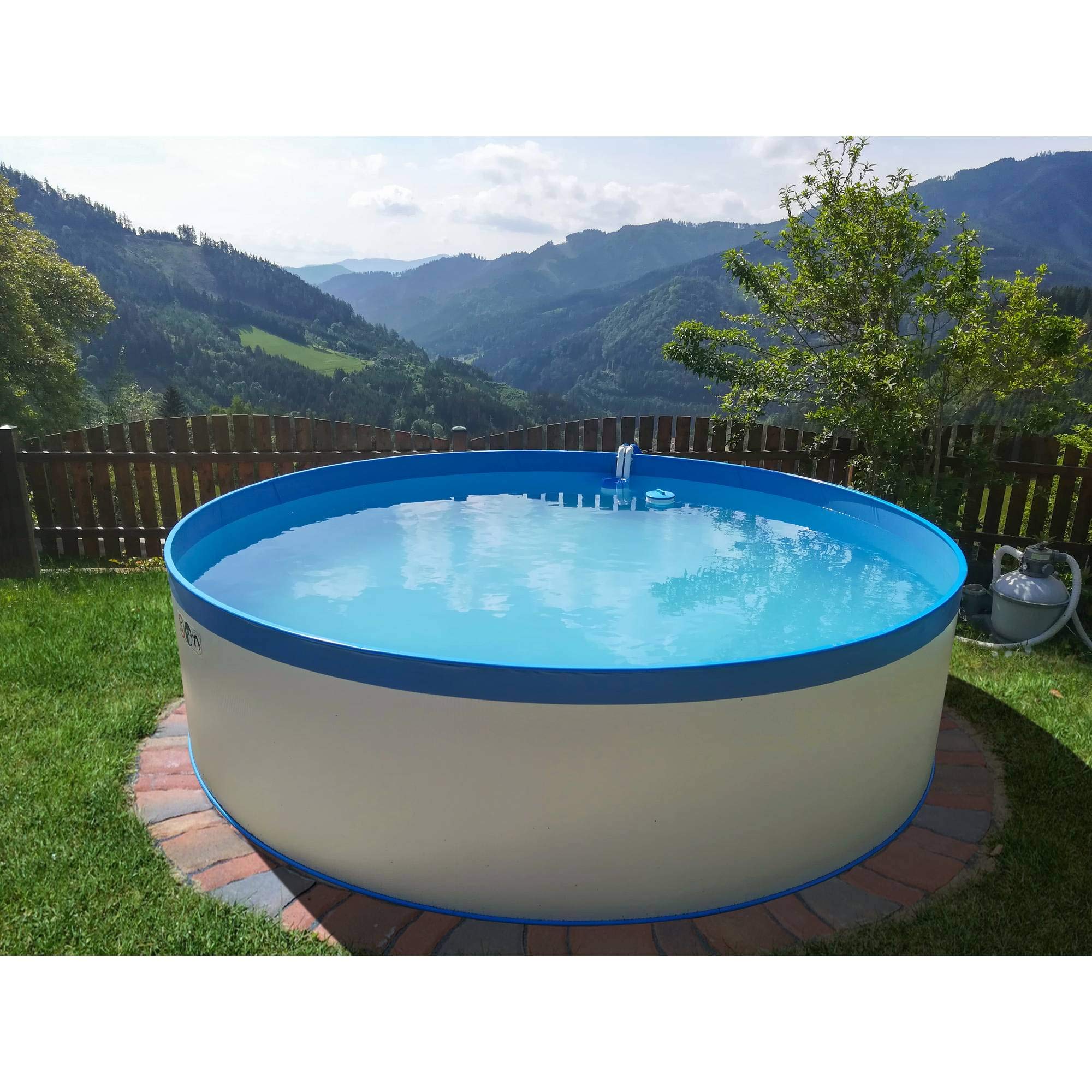 Planet Pool Stahlwandpool rund ohne Skimmerstanzung, Größe wählbar, 90cm tief, Stahl 0,3mm weiß, Folie 0,2mm bl. 300x90