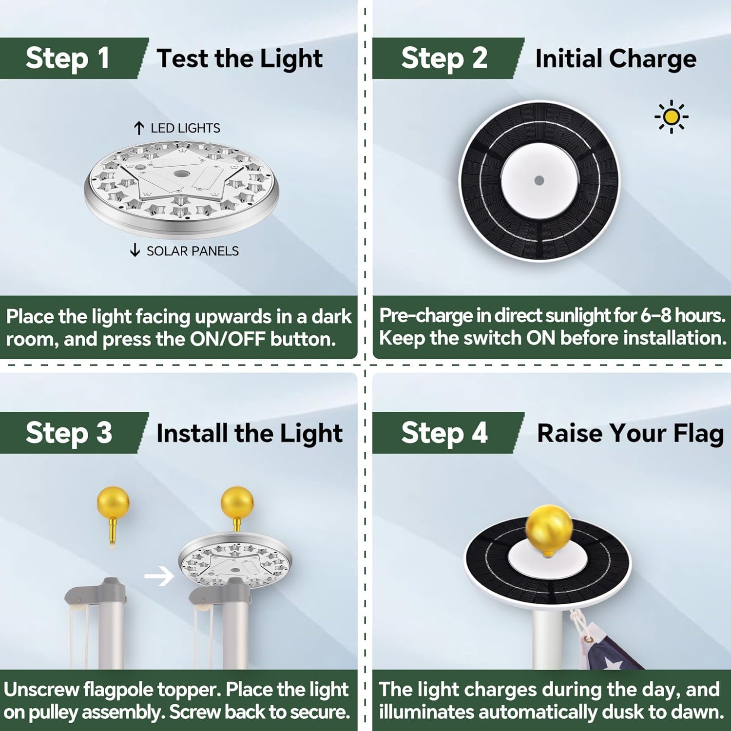 Flag Pole Light Solar Powered, High-Lumen 25 Bright LED Flag Pole Light, Up to 20 Hrs Lighting, IP65 Waterproof, 100% Coverage for 15-30 Ft Outdoor Flagpoles, Silver