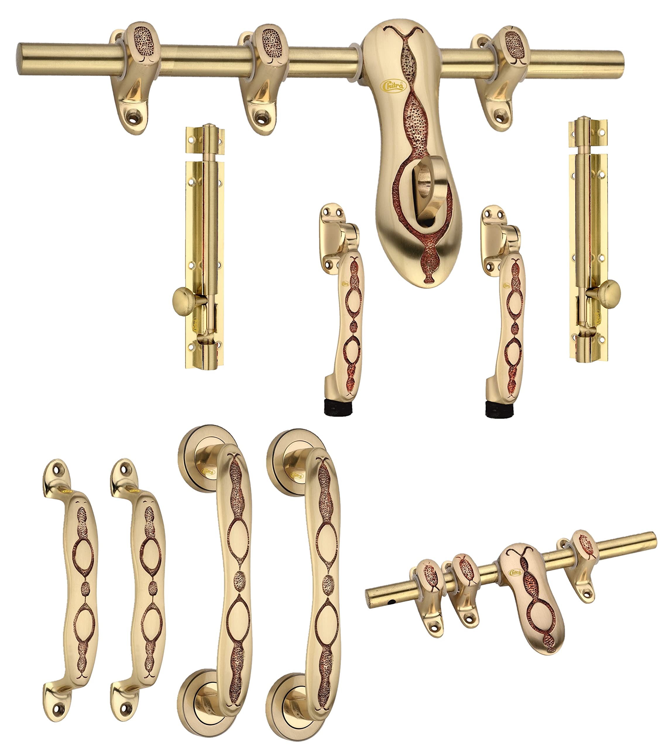 Chitra Vieana Series Brass Heavy Double Door Fitting Accessories Full Set/Kit (1 Aldrop, 1 Latch, 4 Handles, 2 Tower Bolt and 2 Door Stopper) (12 Inch, Matt Brush Golden Copper) (B09C8V8NG3) Amazon Price History, Amazon Price Tracker