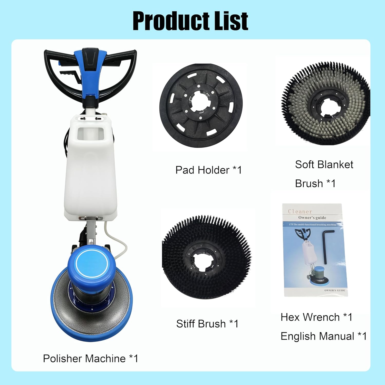 Floor Scrubber Buffer Heavy Duty Polisher Machine Polished Waxed Refurbished Tile Scrubber Cleaner Wood Marble Cement Pavement Epoxy Rubber Carpet Blue 110V Commercial Industrial Domestic