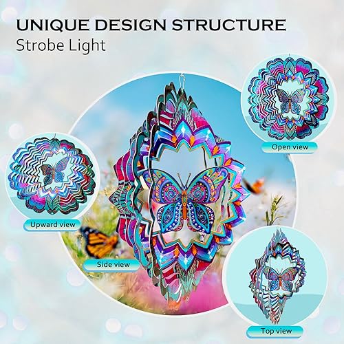 Miniatura 5 de FONMY Molinillo de viento de mariposa de acero inoxidable 3D de 12 pulgadas, escultura de viento que vale la pena regalo de decoración de Navidad.