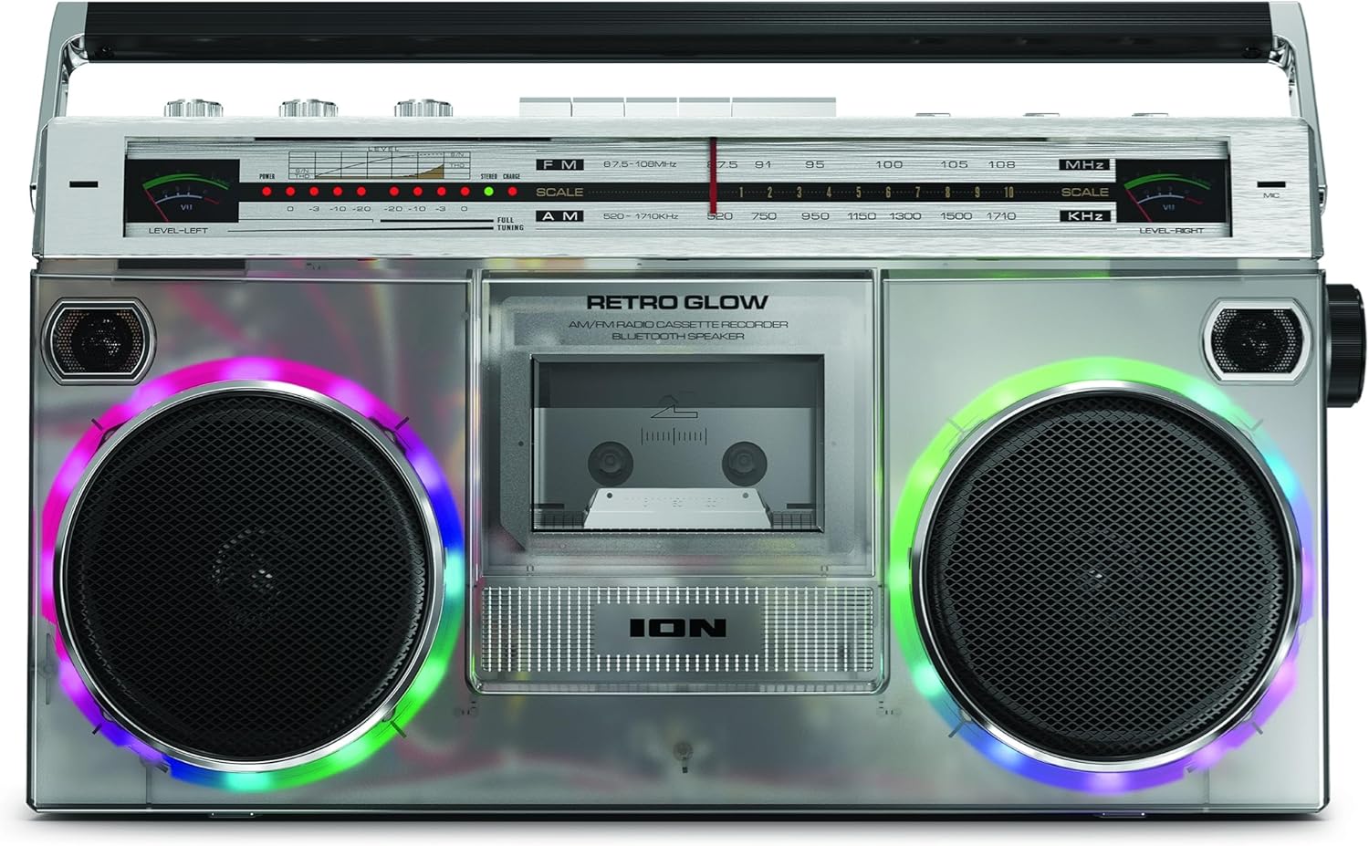 ION Audio Retro Glow Boombox - Deluxe Stereo AM/FM Radio Cassette Dual Speakers Full-Range Bass and Bluetooth (Renewed)
