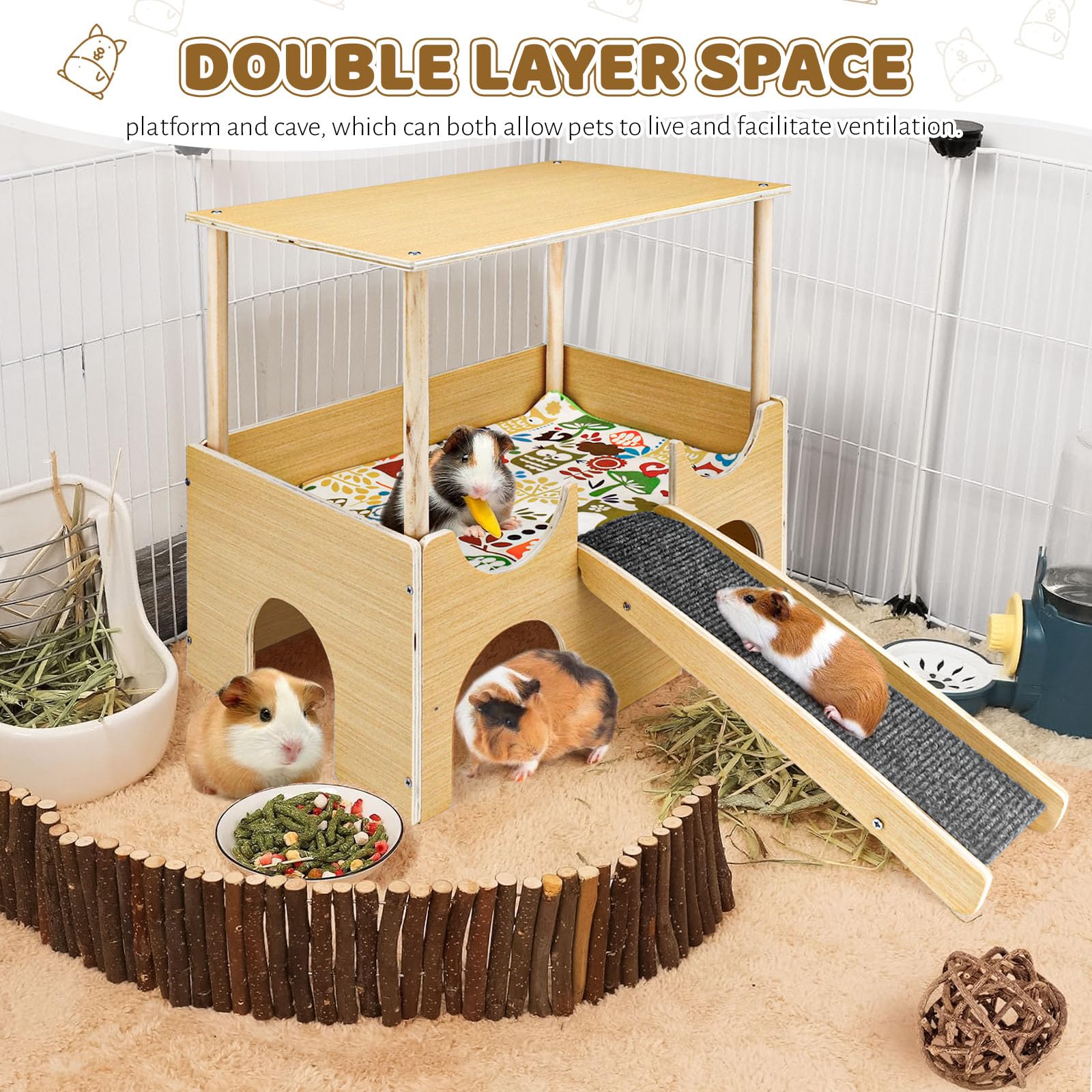 Maison pour cochon d'Inde, cachette pour hamster, lapin, jouets pour cochons d'Inde, accessoires pour cochons d'Inde, maisons et habitats pour petits animaux (bois)