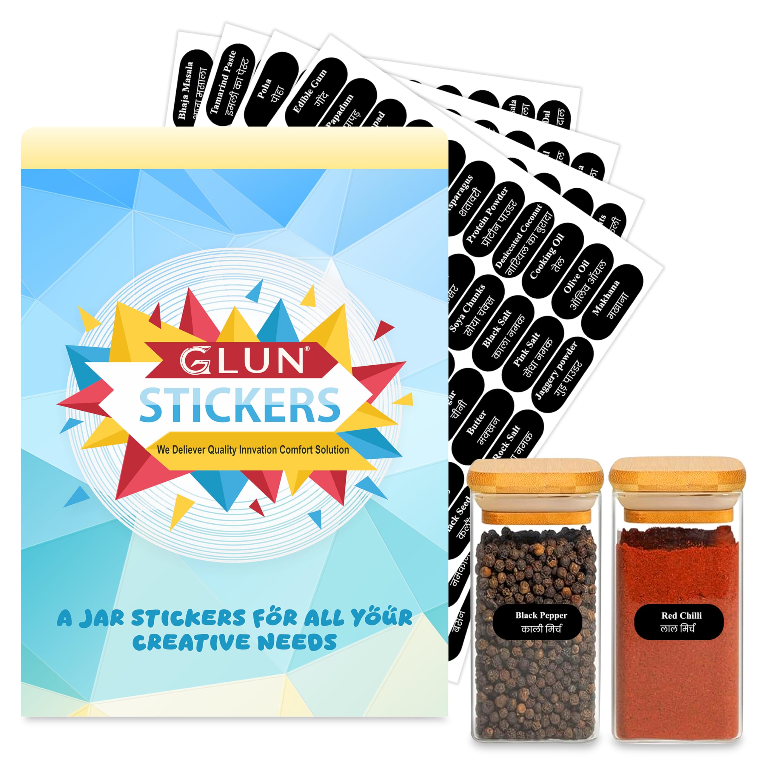 GLUN® 264 Pre-Printed Masala Jar Labels Waterproof Hindi + English Spice Stickers for Kitchen Containers 4 Sheets Label Maker for Jars, Bottles, Spice Rack & Organizer, 264 Labels 3