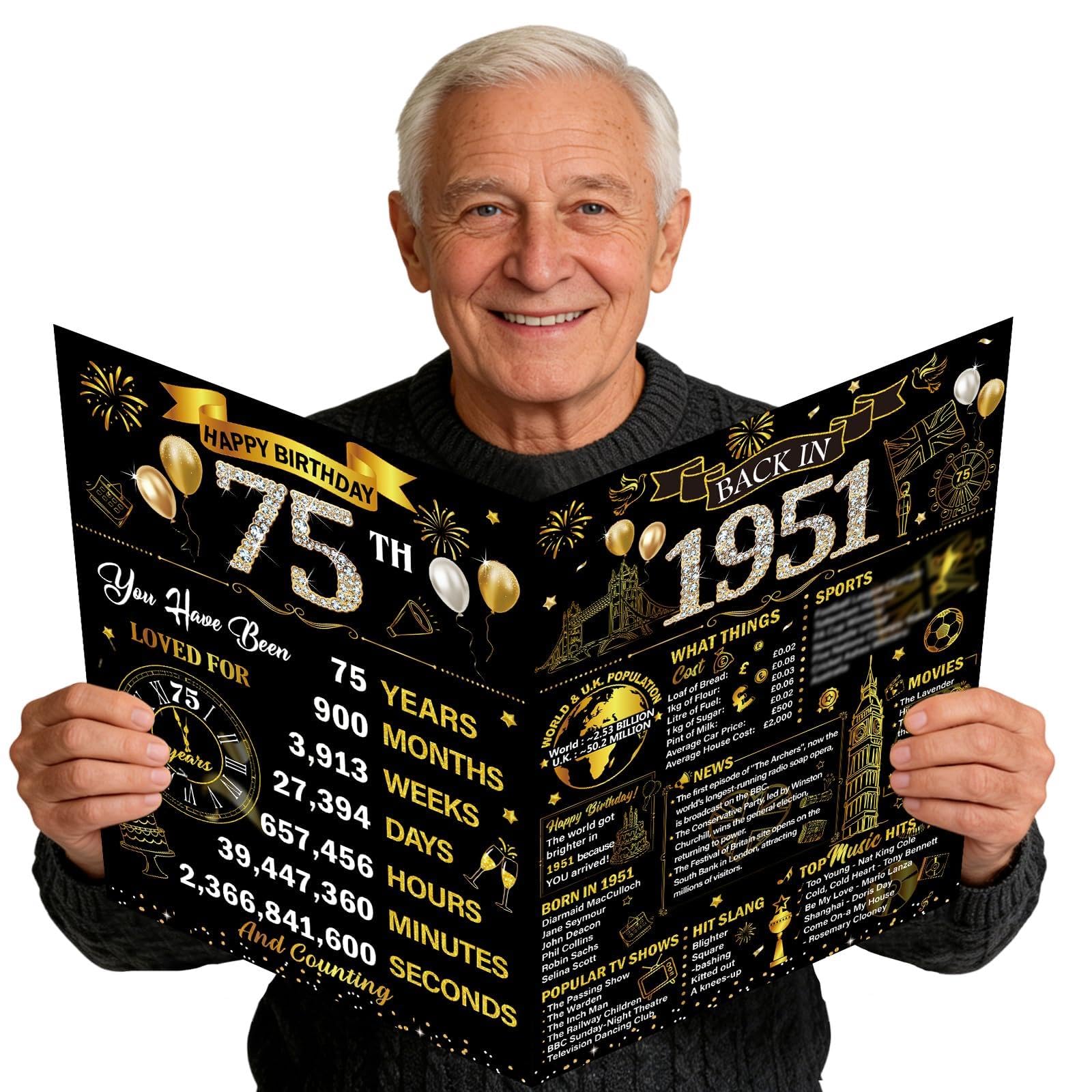 Eiapadeor Large 75th Birthday Card for Men - Black Gold Back in 1951 75th Birthday Card with Envelope Cheers to 75 Years Jumbo Guest Book Birthdays Gift for Women Men 75 Year Old Party Decorations