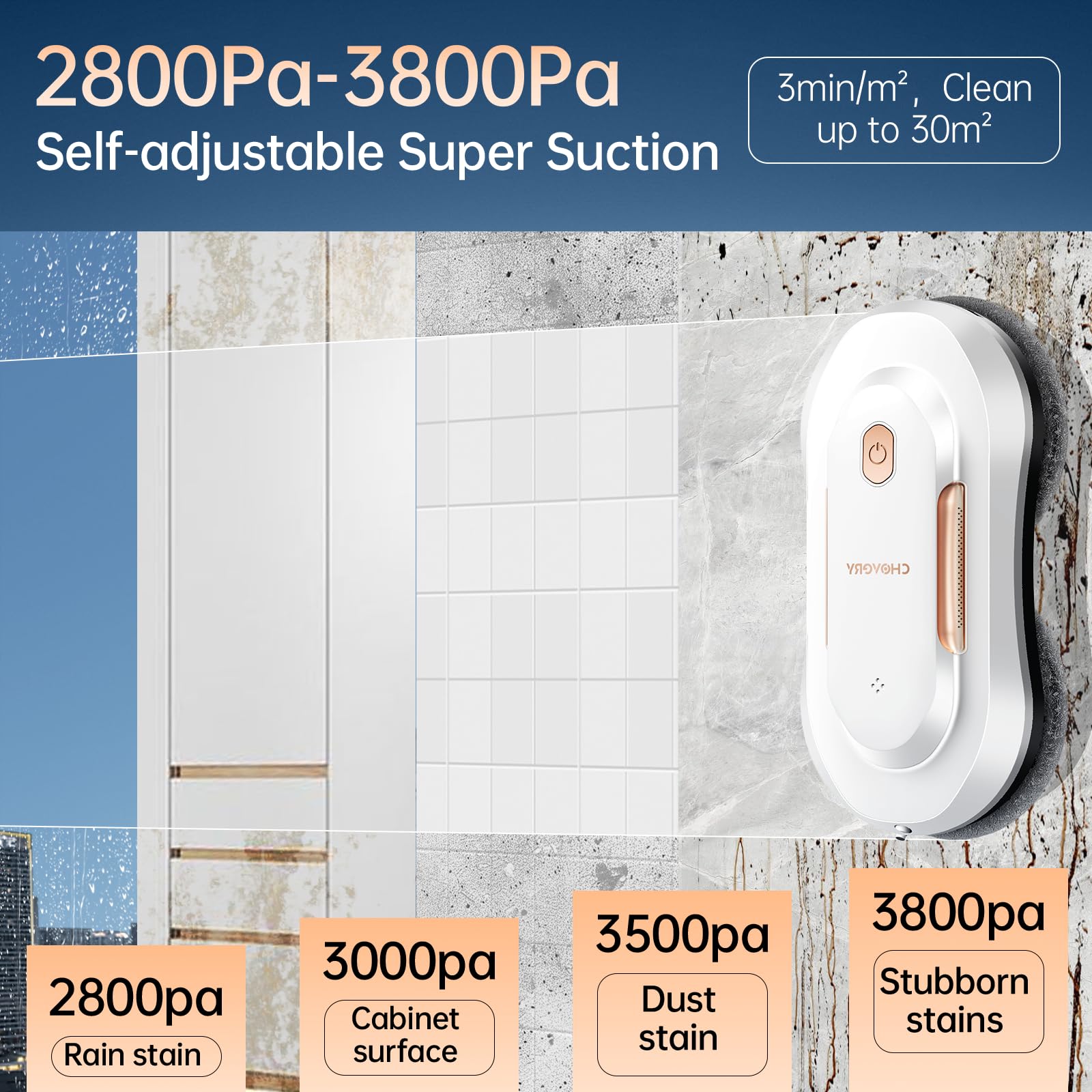 CHOVERY Robot Limpiacristales 3000Pa, con Función de Pulverización, CL-3Robot Limpiacristales Eléctrico con Doble Pulverizador de Agua