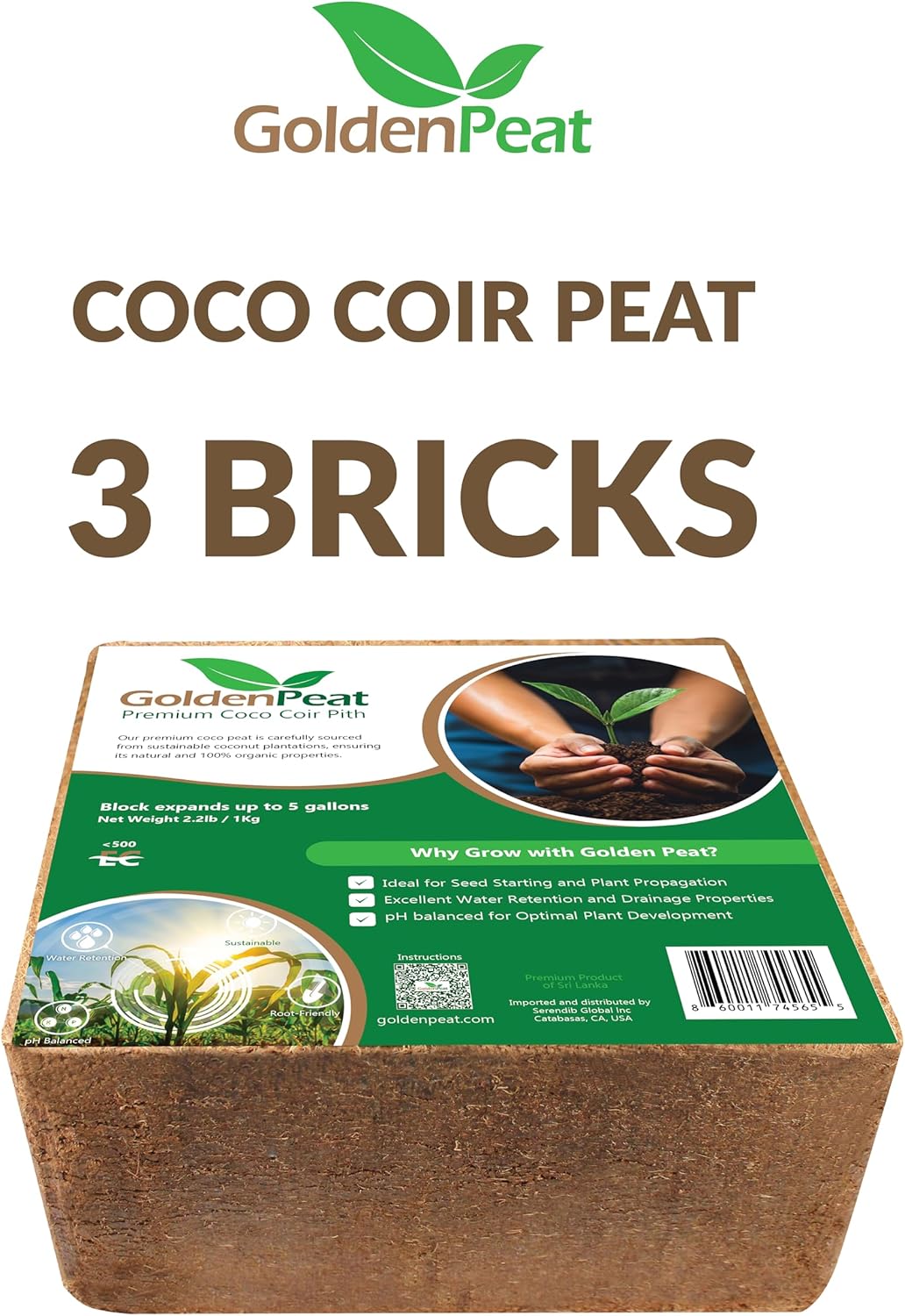 Organic coco pith block (3x1 kg Blocks) - Low EC, sustainable growing medium for gardens, pots and seed starters. Just add water to transform these compact blocks into 42L of fluffy nutrient-rich coir