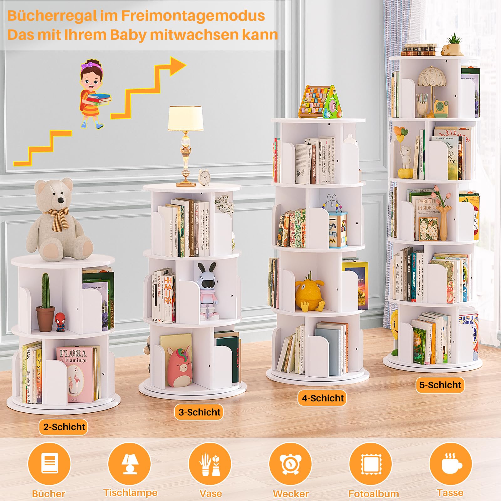 iSunirm 5-stöckiges drehbares Bücherregal, drehbarer Bücherregalturm aus Holz, rundes, um 360 Grad drehbares Bücherregal, Eck-Organizer für kleine Räume, Schlafzimmer, Büro, weiß