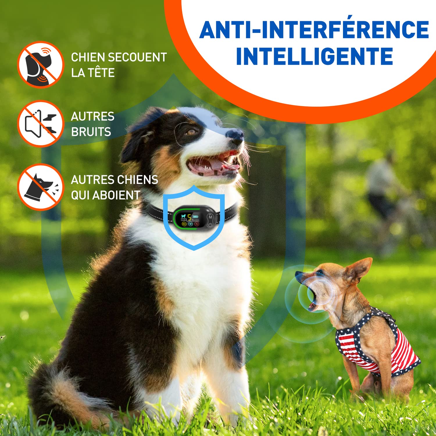 Collier Anti Aboiement Chien Rechargeable, Anti Aboiement Collier Dressage avec 4 Modes Son/Vibration/Choc Electrique, Réglable 5 Niveaux de Sensibilité, Étanche IP67 pour Petit Moyen Grand Chiens