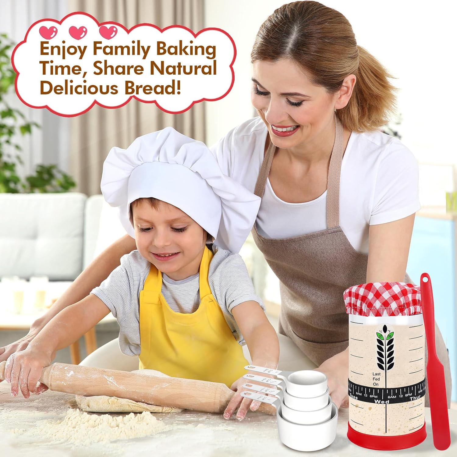 CuteRise Sourdough Starter Jar Kit, 2PACK 40oz Sourdough Starter Jars with Silicone Lids, Cute Cloth Covers, Thermometers, Feeding Time Trackers, Silicone Spatulas, Recipe & Measuring Cups -14PCS - Image 7