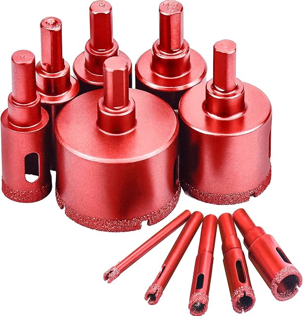 11 Pcs Tile Hole Cutter Set Diamond Drill Bit Kit Brazing Core Hole Saw Set Hole Saws Mandrels 6mm - 50mm, Hollow Core Drill Bit Set for Glass, Porcelain, Ceramic, Granite Stone